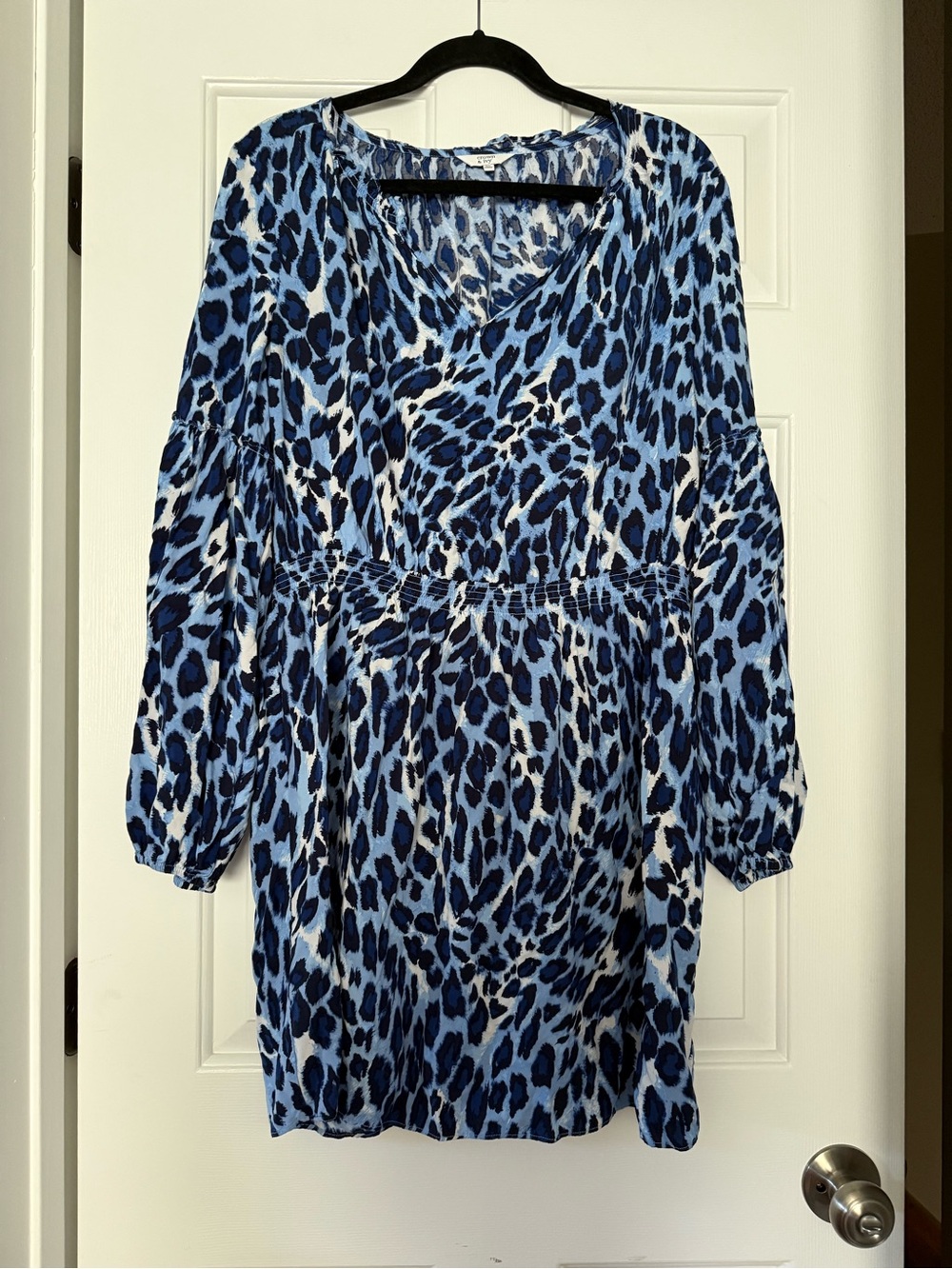 Crown & Ivy Blue Leopard Print Mini Dress XL Smocked Waist Balloon Sleeve Rayon